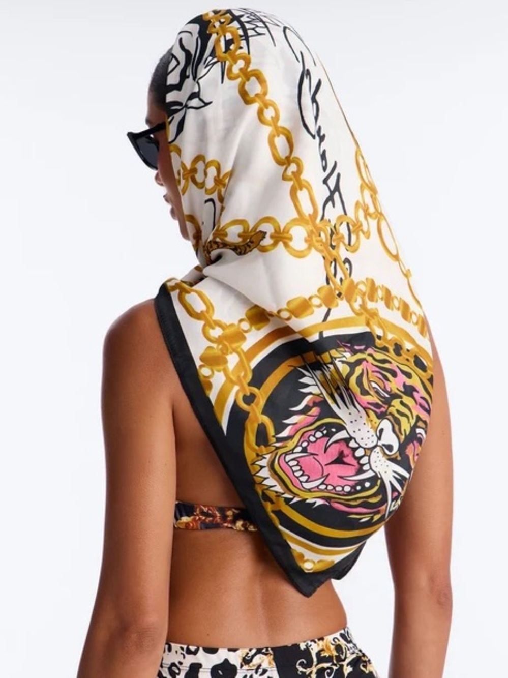 Ed Hardy Tiger Chain Print Satin Scarf Black Gold Y2K Head Wrap - Picture 5 of 5